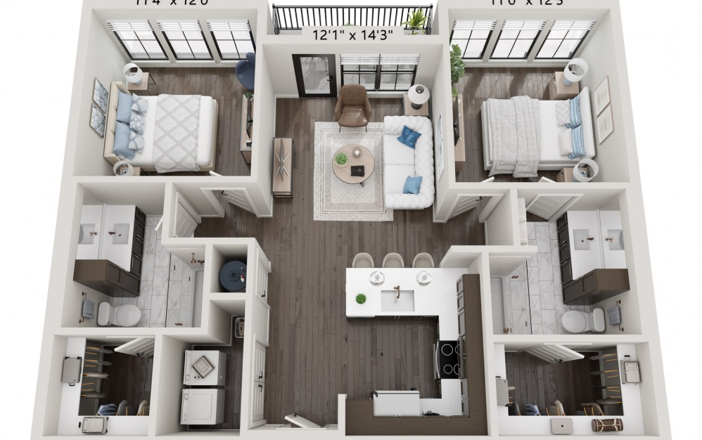 Hillcrest - 2 bedroom floorplan layout with 2 baths and 1080 square feet.